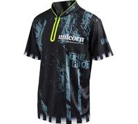 Unicorn Callan Rydz Darts Shirt | The Riot Logo | Cool Breathable Soft-Feel Micro Mesh 3-Tuk Polyester | Blue & Black with Fluro Neck Detail | Extra Small to fit Chest 34-36 inches