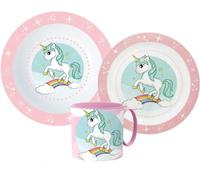 Unicorn Cartoon Character Dinner Tableware Set 3pcs Plate, Bowl & Mug, BPA Free re-usable Plastic Microwave Safe (Unicorn)