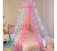 Unicorn Castle Bed Canopy for Girls with Remote Timer Breathable Net Canopy for Bed with 8 Modes LED Lights Canopy Bed Curtains for Girls Room Decor,Rainbow