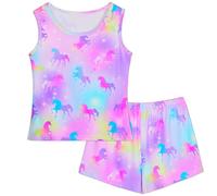 Unicorn Castle Girls Pyjamas Soft Short Sleeve Kids Sleepwear 2 Pcs Shirt and Shorts Casual Girls' Nightwear Pjs Set Ages 10-11,Yellow Purple