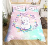 Unicorn Cat Comforter Cover Girlish Universe Glitter Rainbow Bedding Set 3Pcs, Kawaii Unicorn Kitten Double Duvet Cover Fantasy Sparkle Stars and Blurs Bed Set Girls Kawaii Room Decor