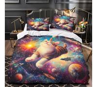Unicorn cat floating 3D Print Duvet Cover 3-Piece Ultra-Soft Microfiber Durable space fantasy Comforter Cover 2 Pillowcases Hidden Zipper Machine Washable Kids Teens Bedroom King（220x240cm）