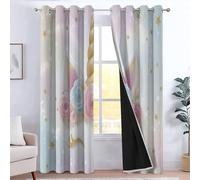 Unicorn Curtains Eyelet Soft Thermal Insulated Microfiber Blackout Curtains Dreamy Flowers Stars Print Ring Top Drapes for Boys Girls Bedroom Living Room 46 x 90 Inch Drop 2 Panels