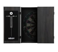 Unicorn Dartboard Cabinet | Maestro | Compact Square Case | Wipe-Clean Scoring Blackboard | Black Veneer Woodgrain Effect