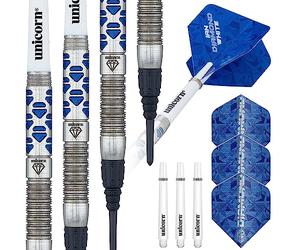 Unicorn Darts Set | Ian 'Diamond' White Maestro Phase 2 | 70% Natural Tungsten Barrels with Blue Diamond Accents | Epic Soft Tips | 18 g
