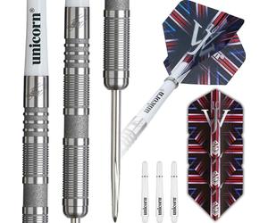 Unicorn Darts Set | James 'The Machine' Wade | 90% Natural Tungsten Barrels with Tactile Sandblasted Grey Ring Accents | Durable Stunning Ultrafly Flights | Steel Tip Volute Points | 25 g