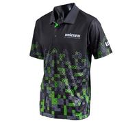 Unicorn Darts Shirt | Pro-Tech Digital | Cool Breathable Soft-Feel Micro Mesh 3-Tuk Polyester | Black & Green with White Text to Chest and Logo to Left Sleeve | Small to fit Chest 36-38 inches
