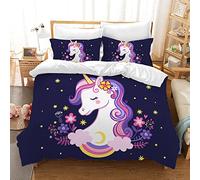 Unicorn Duvet Cover for Girls Boys Rainbow Kids Bedding set with 2 Pillowcases Pink Flower Quilt Cover with Zipper, Ultra Soft Polyester Microfiber Duvet Cover (Purple, Double)