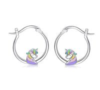Unicorn Earrings 925 Sterling Silver - Qings Cute Animal Hoop Rainbow Enamel Unicorns Hypoallergenic Jewellery Gifts for Women Girls Daughter Granddaughter