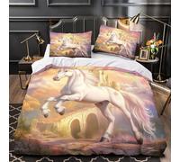 Unicorn fantasy 3D Pattern Duvet Cover Set 3pcs Microfibre Lightweight Concealed Magical castle scene Duvet Insert Cover 2 Pillowcases Skin-Friendly Home Decor Kids & Girls Single (135x200cm)