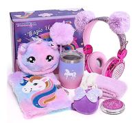 Unicorn Gifts for Girls 6 7 8 9 10 11 12 Years Old with 3.5mm Wired Headphones Locked Notebook Plush Bag Purse Socks Mirror Water Bottle Kids Unicorn Toys Christmas Birthday Gift for Teen Age 6+