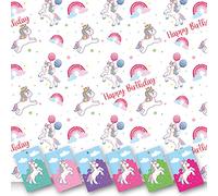 Unicorn Happy Birthday Wrapping Paper. 5 XL Sheets (50 x 70cm). Gift Wrap with Matching Tags. Cutting Grid on Reverse.
