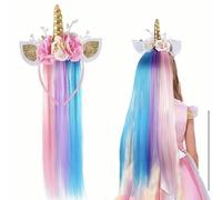 Unicorn Headband with Rainbow Gradient Long Hair with Tassel Lace Floral Hair Accessory for Women and Girls
