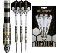 Unicorn | Hexium | 90% Tungsten Black Bomb/Spring Onion Front-Loaded Barrels with Gold Rings | Steel Tip Darts Set | Noir Black Volute Points | 22g, 23g, 24g, 25g or 26g