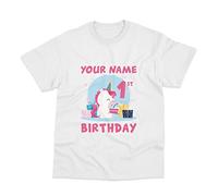 Unicorn in A Party Hat Birthday Design 1st 2nd 3rd 4th 5th 6th 7th 8th 9th 10th Your Name Here Custom Direct to Garment Printed Adults and Childs T-Shirts Large White