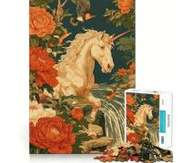 Unicorn in Floral Landscape with Waterfall Jigsaw Puzzles 1000 Mental Focus Game Precision Cut Smooth Edges Meaningful Connection Building Game (38x52cm)