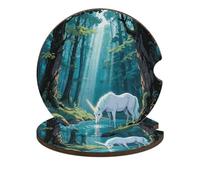 Unicorn in The Ancient Forest Car Cup Holder Coasters 2-Pack Absorbent Wood & Cork Coasters for Car Cup Holders, Festive Car Accessories for Women & Men