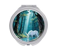 Unicorn in The Ancient Forest Compact Mirror for Purse, Double-Sided 1x/2x Magnifying Metal Pocket Makeup Mirrors, Folding Mini Vanity Mirror, Handheld Round Travel Cosmetic Mirrors for Women