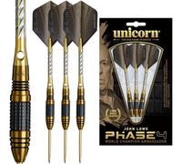 Unicorn | John Lowe | Phase 4 | 90% Tungsten Barrels with Two-Tone Black & Gold PVD Coating | Steel Tip Darts Set | Old Stoneface | | Gold Volute Points | 25 g