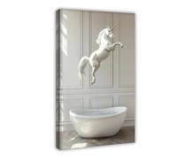 Unicorn Jumping Into Bathtub, Funny Bathroom Wall Art Decor, Animals Taking A Bath, Vintage Style Retro Unicorn Print, Ai Art-1