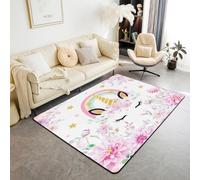 Unicorn Kids Area Rug,Flower Floral Rainbow Animal Indoor Floor Mat Entrance Rug for Girls Boys,Star Eyelash Cute Fantasy Non Slip Rug,Pink White Couch Living Room Decor,5'x6'6''