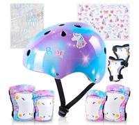 Unicorn Kids Helmet and Knee Pads, Elbow Pads Set with Stickers - Adjustable Protective Gear for Girls Age 3-8, Fits Roller Skates, Bicycle, Skateboarding, Scooter - Blue Purple
