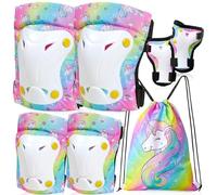 Unicorn Knee and Elbow Pads for Kids Girls 6 in 1 Adjustable Protective Gear Set with Drawstring Bag, 3-8yrs