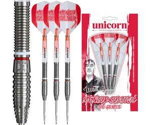 Unicorn | Mensur Suljović |95% Tungsten Barrels Torpedo Barrels with Red & White Rings | Steel Tip Darts Set | The Gentle | Silver Volute Points | 21g, 23g or 25g (23 g)