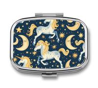 Unicorn Moon Blue Pill Case Box with 2 Compartment Medicine Vitamin Organizer for Purse Pocket 5.5x4cm