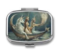 Unicorn Moon Mermaid Pill Case Box with 2 Compartment Medicine Vitamin Organizer for Purse Pocket 5.5x4cm