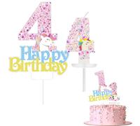 Unicorn Number 4 Birthday Cake Topper & Candle, Cupcake Topper - 4th Birthday Cake Decorations for Girls, Kids Unicorn Theme Party Decorations