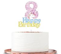 Unicorn Party Cake Toppers for Girls' 8th Birthday - Cartoon Themed Unicorn & Happy Birthday Toppers