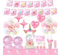 Unicorn Party Supplies,For 16 Unicorn Party Decorations Birthdays Tableware Set Paper Plates Napkins Table Cloth Balloon Banner Headband etc Birthday Party Supplies for Girls