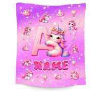 Unicorn Personalised Blanket for Girls - Custom Flannel Throw with Initials, Soft Cosy Fleece Blanket for Bed, Sofa, or Travel for Kids & Teens