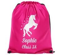 Unicorn Personalised Drawstring Bag for Girls Custom Name Year Back to School PE Sports Kids Bag, One Size, Bright Pink