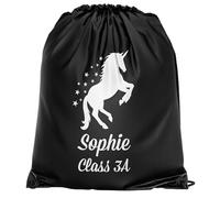 Unicorn Personalised Drawstring Bag for Girls Custom Name Year Back to School PE Sports Kids Bag, One Size, Black