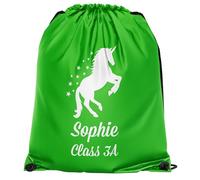 Unicorn Personalised Drawstring Bag for Girls Custom Name Year Back to School PE Sports Kids Bag, One Size, Lime Green