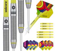 Unicorn Professional Darts Set | Flair 5 | 80% Natural Tungsten Barrels with Black & Yellow Accents & Laser Etched U Logo Hallmark | Steel Tip | 24 g | Extra Flights & Shafts
