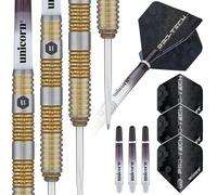 Unicorn Darts Set | Pro-Tech Style 6 | 90% Natural Tungsten Barrels with Intricately Machined Golden Accents | Steel Tip Volute Points | 25 g