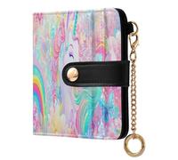 Unicorn Rainbow Pink Flower Pattern Small Women Wallet RFID Blocking Leather Bifold Compact Card Holder with Coin Pocket Zipper Purse for Women Girls Ladies