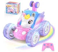 Unicorn Remote Control Car for Girls 3 4 5 6 7 8 9 Years Old, Pink Monster Truck with Colourful Light RC Stunt Car Kids Toy Age 3+ Xmas/Christmas Birthday Gift Present Stocking Filler Outdoor Game