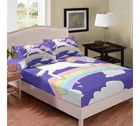 Unicorn Sheet Set Rainbow Pink Heartand Clouds Print Fitted Sheet Cartoon Rainbow Bedding Set 3pcs for Girls Soft Polyester Bed Sheets (1 Fitted Sheet + 2 Pillow Cases) King Size