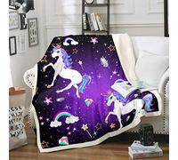 Unicorn Sherpa Throw Blanket Luxury Galaxy Dreamy Horse Plush Blanket Purple Glitter Magical Animal Fleece Blanket for Bed Sofa Fantasy Unicorn Fuzzy Blanket Princess Style Room Decor Single 50"x60"