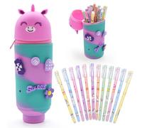 Unicorn Silicone Pen Bag, Unicorn Stand Pencil Case and Erasable Rub Out Pens Cartoon Pencil Holder Telescopic Pouch Soft 2 in 1 Silicone Pouches Friction Rollerball Pens Desk Pen Holder for School