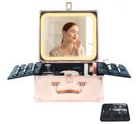 Unicorn Slumber Makeup Box Organizer with Detachable Lighted Mirror, Waterproof Travel Train Cosmetic Case, Adjustable Divider Suitcase Artist Storage Bag Suitcase, Magnetic LED Mirror (Rose Gold),