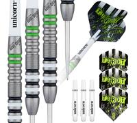 Unicorn Steel Tip Darts Set | Callan 'The Riot' Rydz Contender | 80% Natural Tungsten Barrels with Green White & Black Accents | 23 g