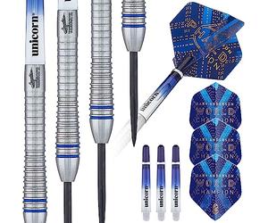 Unicorn Steel Tip Darts Set | Gary 'The Flying Scotsman' Anderson Phase 3, 5, 6 World Champion | 90% Natural Tungsten Barrels with Blue Accents | Presentation Packaging | 21g, 22g, 23g, 24g, 25g, 27g