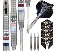 Unicorn Steel Tip Darts Set | Jeffrey 'The Black Cobra' de Zwaan Maestro Phase 2 | 90% Natural Tungsten Barrels with Red, White & Blue Accents | 25 g
