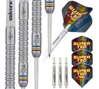 Unicorn Steel Tip Darts Set | Ted 'Super Ted' Evetts Phase 2 | 90% Natural Tungsten Barrels with Blue Red & Yellow Accents & Laser Etched Autograph | 23 g