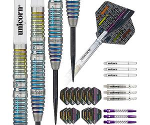 Unicorn Steel Tip Professional Darts Set | Jeffrey 'The Black Cobra' de Zwaan Code Players DNA | 90% Natural Tungsten Barrels with Multicolour Titanium Accents | 25 g